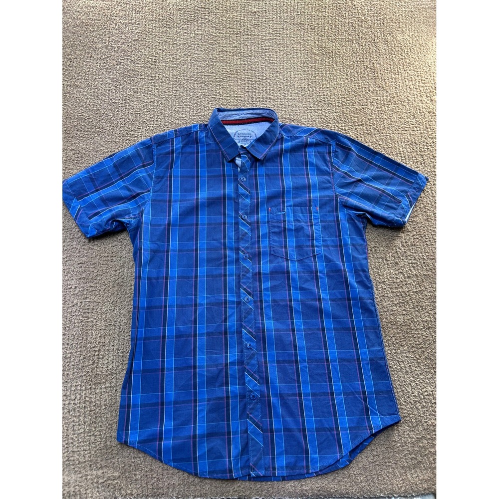 Crocodile Premium Mens Blue Plaid Short Sleeve Button Down Shirt Size 40 Cotton